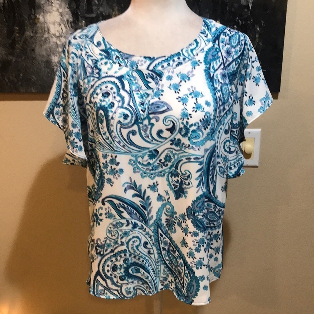 7th Avenue NY&C Blue Floral Paisley Mixed Media Short Sleeve Blouse-Size M